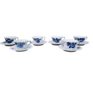 Royal Copenhagen Denmark Set of 6 Blue Flowers Ribbed Footed Cup + Saucer 8500